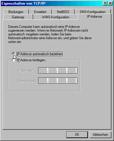 Auf dem Desktop: [rechter Mausklick auf Netzwerkumgebung] Eigenschaften/ TCP-IP-Protokoll [Doppelklick]/ IP-Adresse